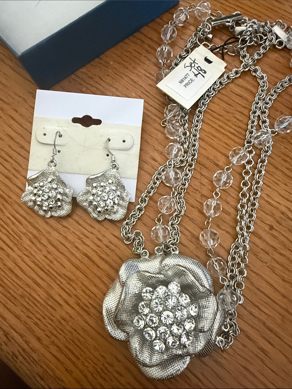 Silver Floral Crystal Pendant Necklace and Earrings Set